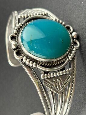 RARE Vintage Navajo Dine Sterling Silver Aqua Chalcedony Cuff Bracelet 45 gm